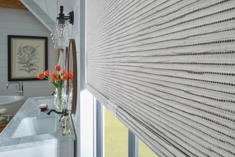 Custom roller shades installation in Southern California - Bathroom – Woven Shade Close Detail
